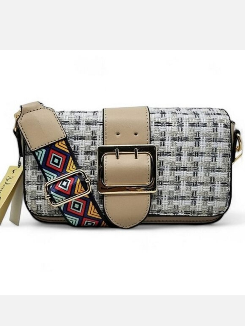 Taupe Tweed Crossbody Purse With Guitar Strap